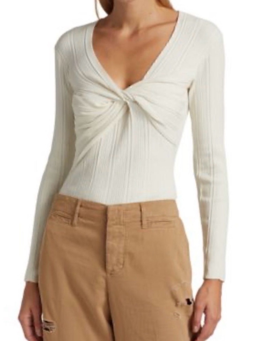 Frame Denim Cream Ribbed Twist-Front Long Sleeve Top